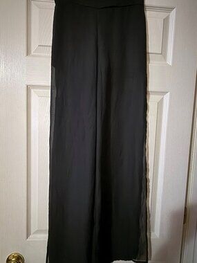 Black Chiffon Palazzo Pants Wide Leg Sheer Overlay Elastic Waist  SKU037